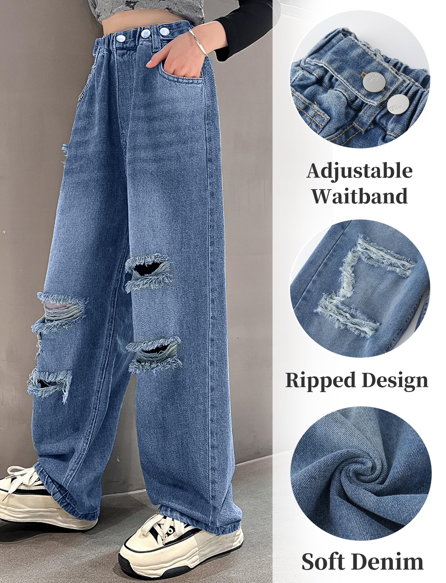 Maeau Jeans strappati a gamba larga per ragazze, pantaloni in denim sfumato, vestibilità larga, pantaloni per il tempo libero, con elastico in vita e tasche, 5-14 anni/altezza 120-170 cm