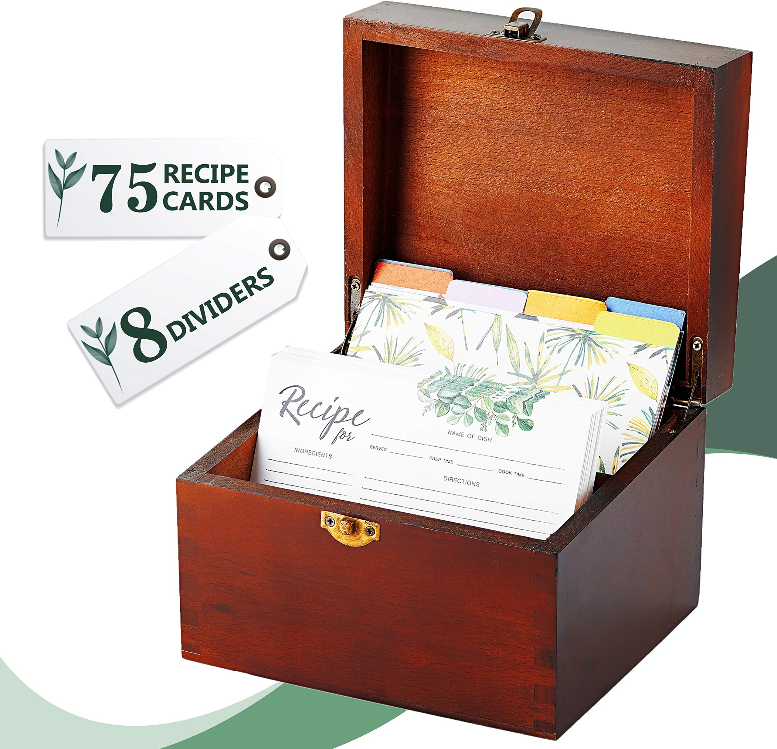 LUTANI Recipe Card Box Set with 75 4x6 Recipe Cards + 8 Dividers, Beech Wood and Card Holder, Cards Made with Thick Card Stock. Perfect Recipe Organizer (beech wood)