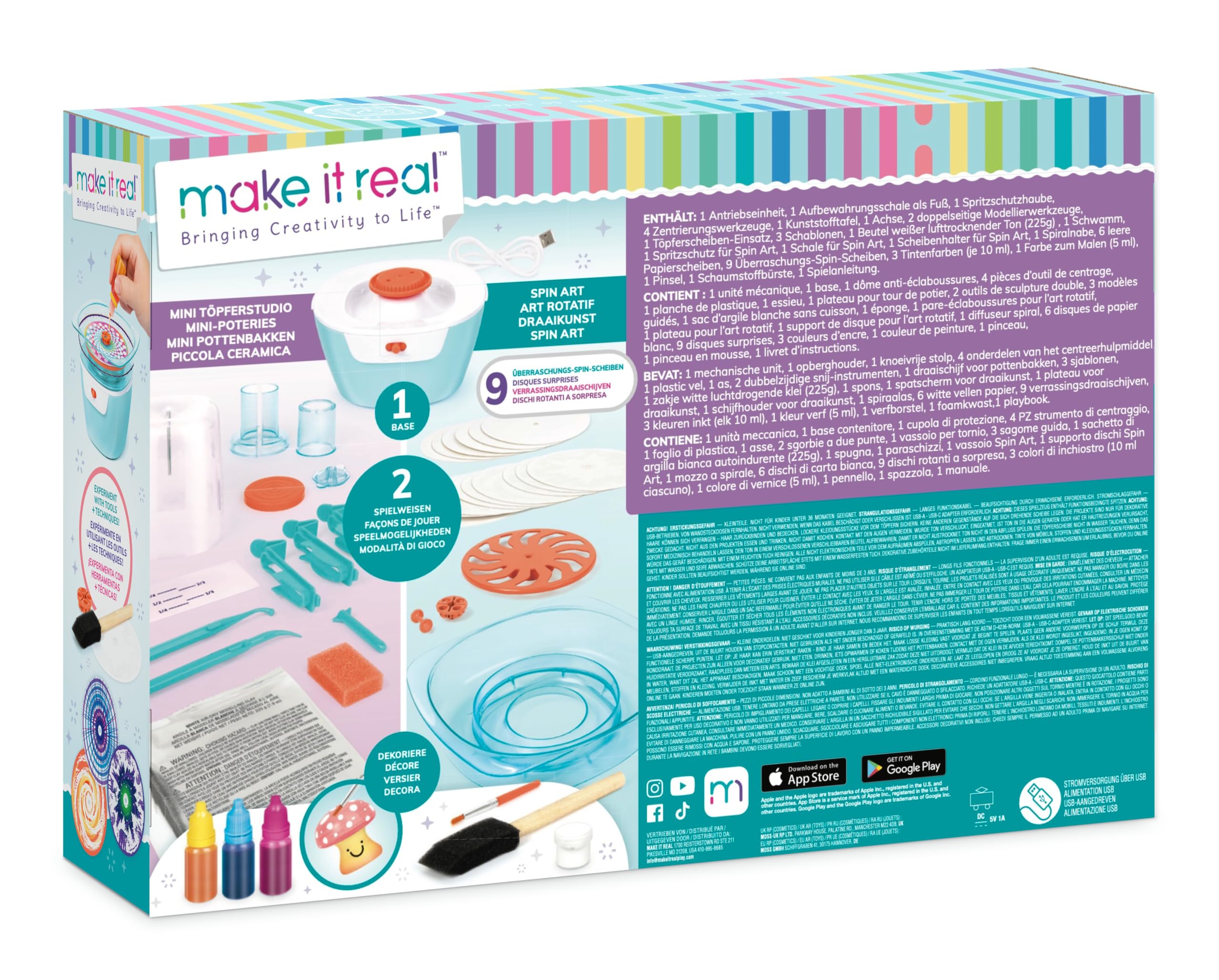 Make It Real Laboratorio di Piccola Ceramica e Spin Art 2 in 1 – Kit Creativo con Tornio per Ceramica e Spin Art Elettrica, Realizza 6 Creazioni in Argilla e 15 Opere Artistiche, Idea Regalo Creativa