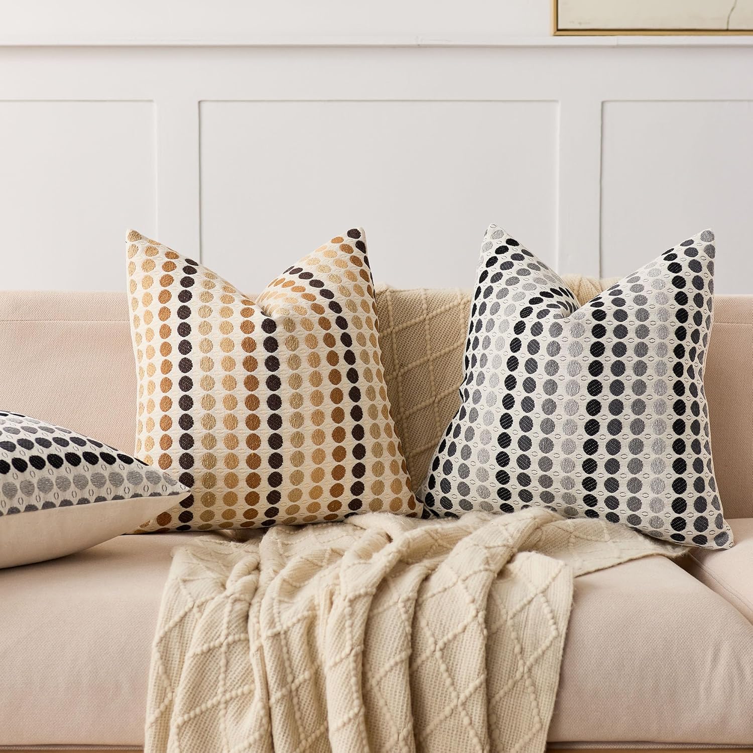 Boho Throw Pillow Covers 20x20 Set of 2, Geometric Polka Dots Decorative Pillowcases for Couch, Sofa, Bed & Living Room, Black Gray Neutral Textured Accent Home Decor - Image 5