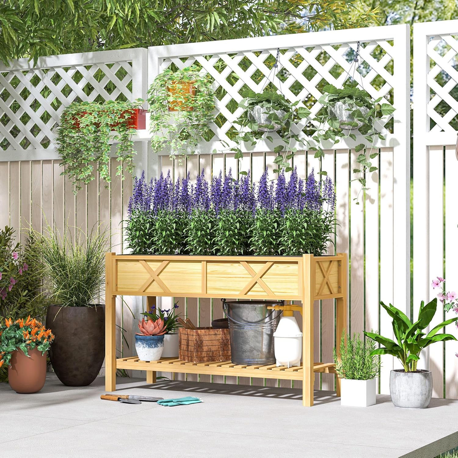 Elevated Dual-Tier Garden Planter 47x22x31.5in Painted Solid Fir Wood Raised Bed with Drainage Holes Liner & Shelf Storage