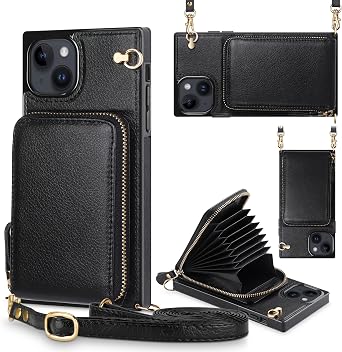 JAKPAK for iPhone 14 Zipper Leather Wallet Case [6.1-Inch] - 3-in-1 Crossbody Bag with Card Holder - Shockproof PU Leather Case - 10-Card Capacity & Adjustable Anti-Theft Strap Black