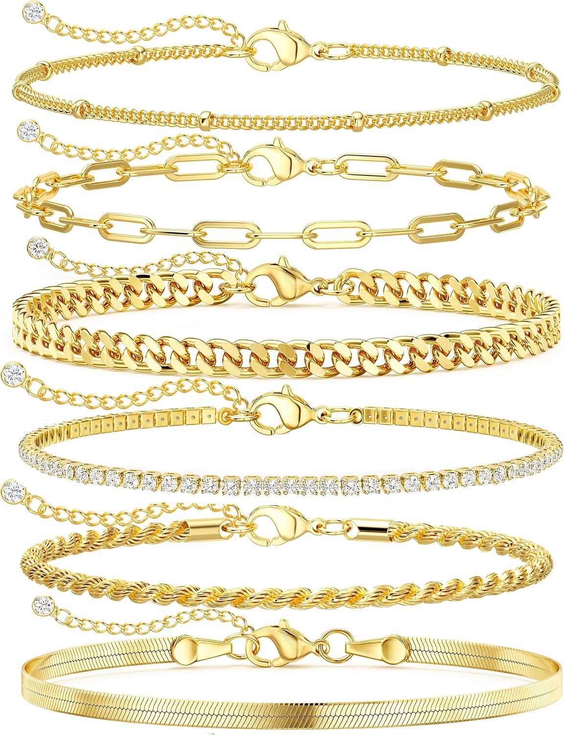 DEARMAY 14K Gold Plated Ankle Bracelets for Women Waterproof - Dainty 6Pcs Anklets Layered Cuban Link Chain Herringbone Cute Anklets Set Pack Summer Beach Jewelry Gift for Women Teen