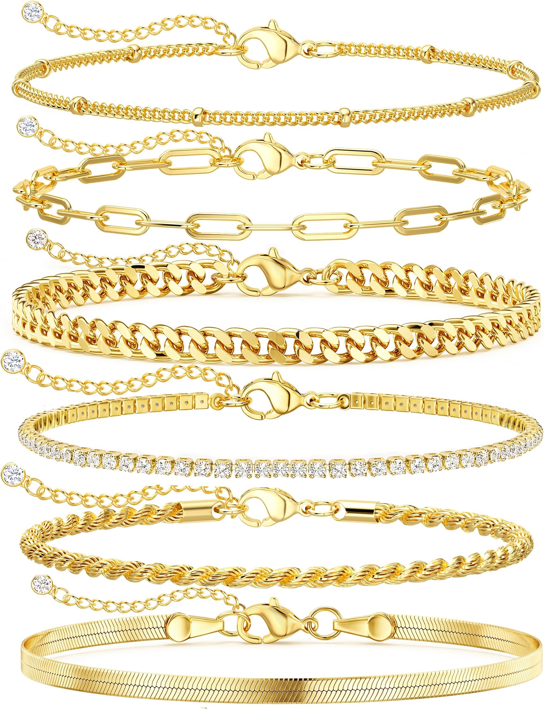 14K Gold Plated Ankle Bracelets for Women Waterproof - Dainty 6Pcs Anklets Layered Cuban Link Chain Herringbone Cute Anklets Set Pack Summer Beach Jewelry Gift for Women Teen