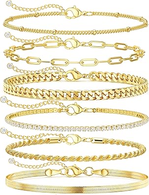 DEARMAY 14K Gold Plated Ankle Bracelets for Women Waterproof - Dainty 6Pcs Anklets Layered Cuban Link Chain Herringbone Cute Anklets Set Pack Summer Beach Jewelry Gift for Women Teen