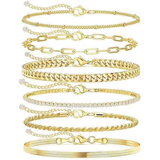 DEARMAY 14K Gold Plated Ankle Bracelets for Women Waterproof - Dainty 6Pcs Anklets Layered Cuban Link Chain Herringbone Cute Anklets Set Pack Summer Beach Jewelry Gift for Women Teen