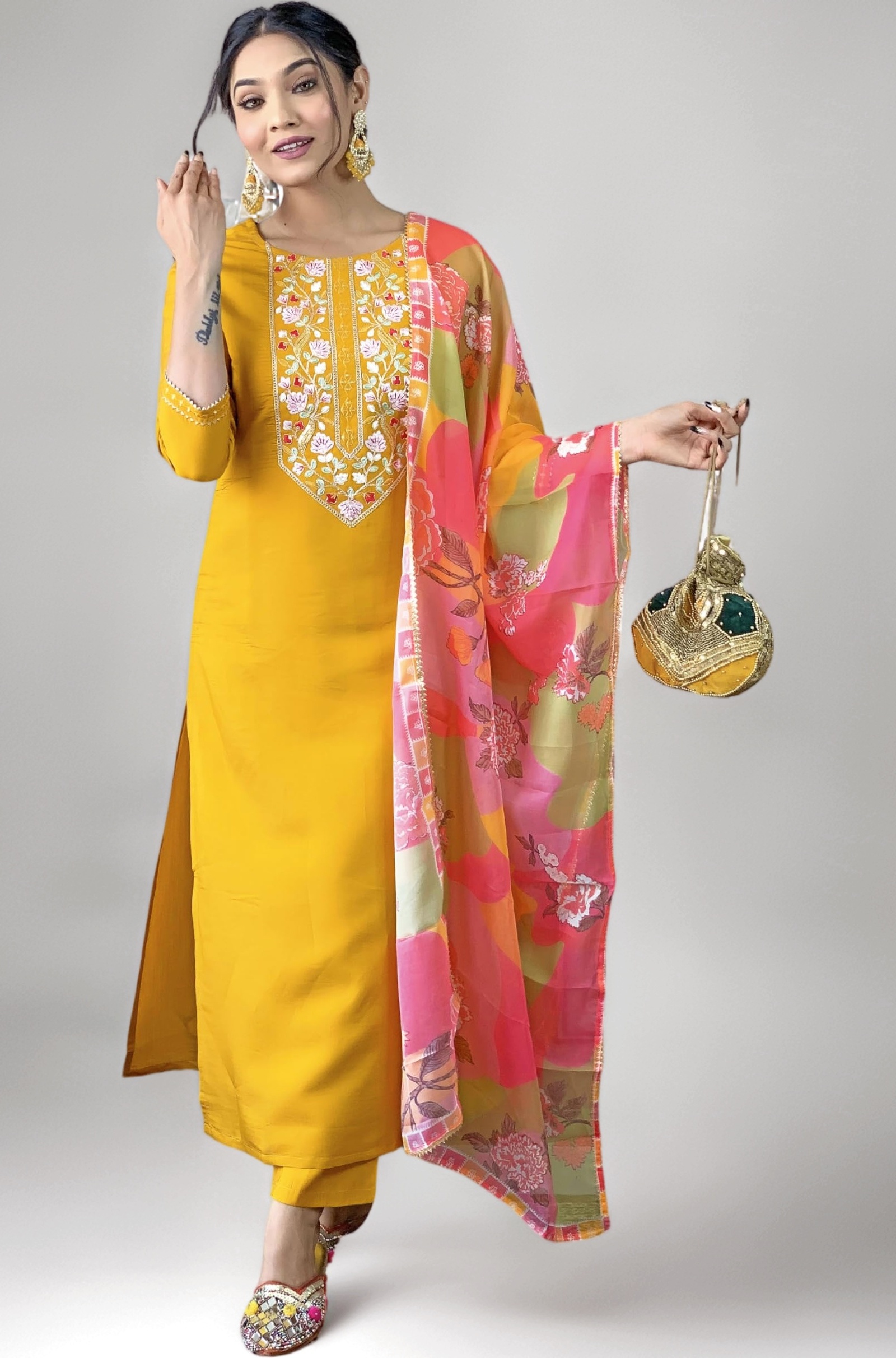 Naixa Women's Rayon Embroidered Straight Kurta with Pant and Dupatta (Available in Plus Size)