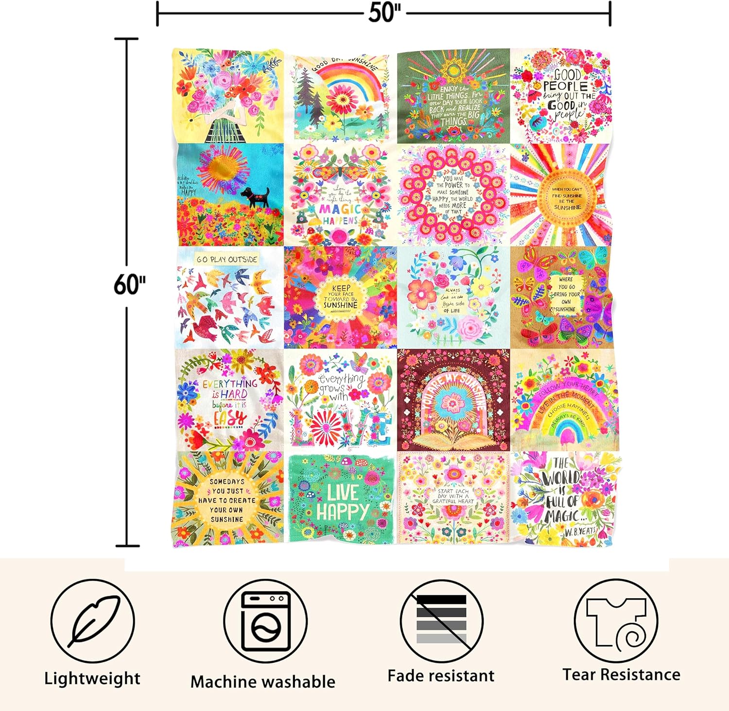 Boho Floral Throw Blanket Natural Life Patchwork Blankets, Natural Life Gifts for Women with Inspirational Thoughts, Soft Warm and Cozy Flannel for Sofa Bed Couch Travel 50"x60" - Image 7