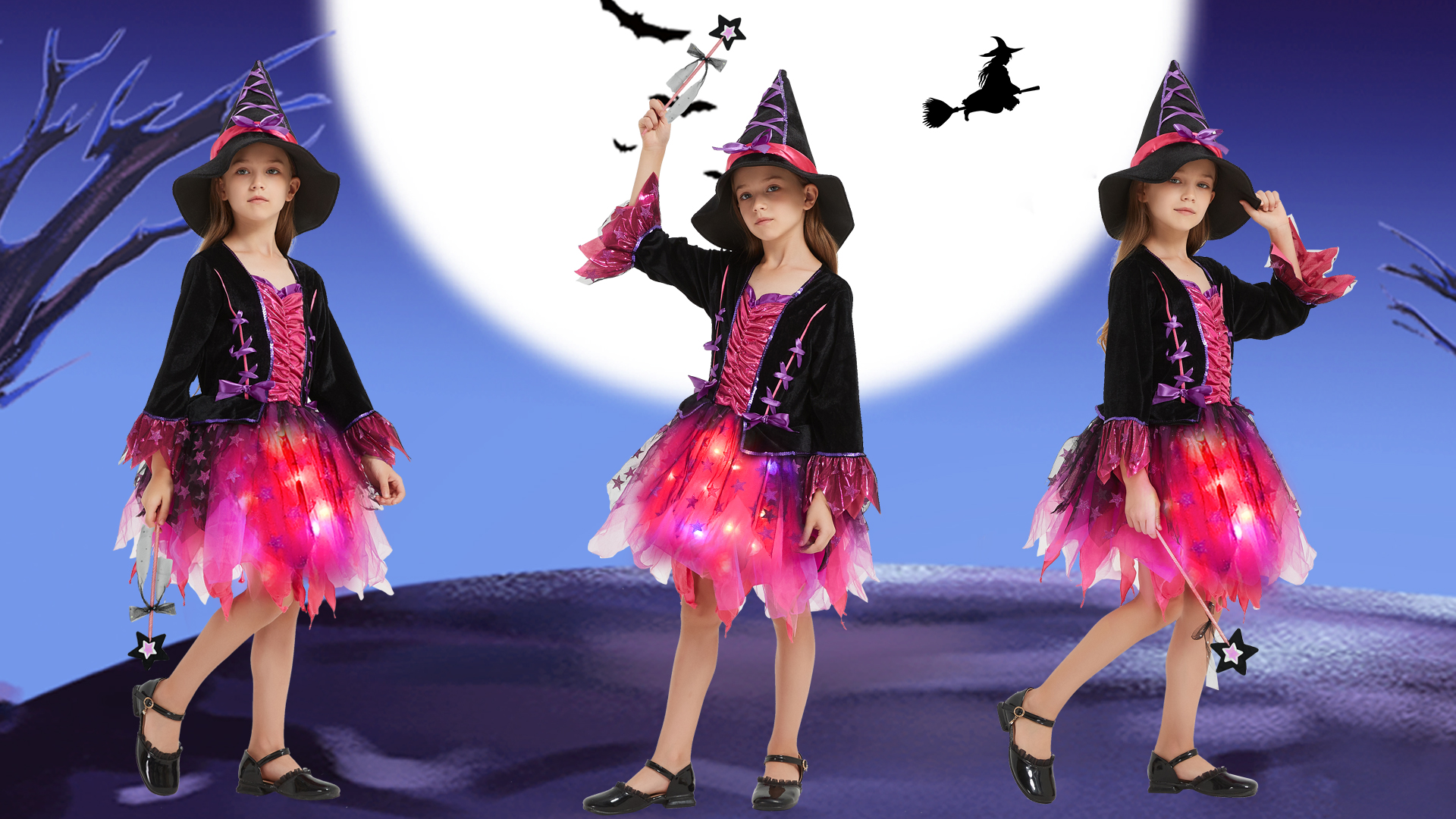 Costume Da Strega Bambina - Completo Con Abito, Cappello, Bacchetta E Collana, Per Halloween E Feste