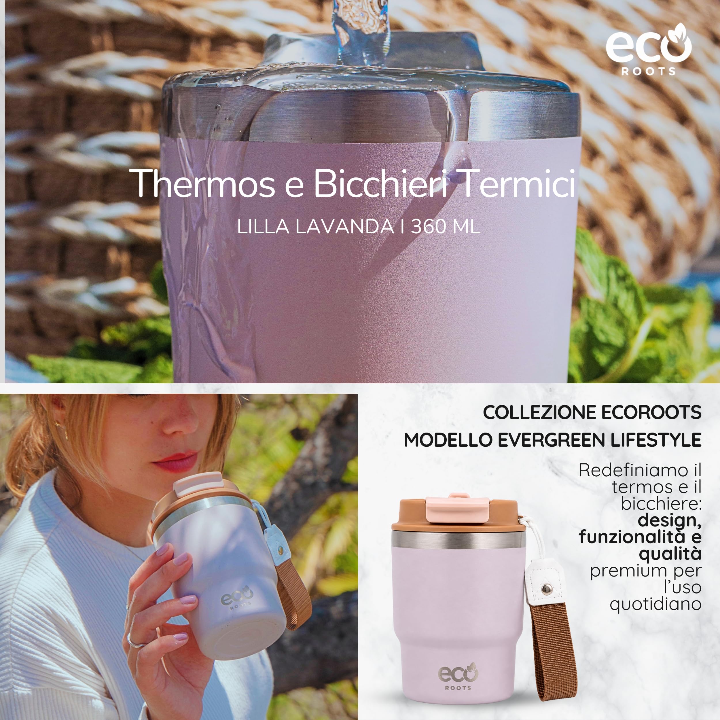 ECOROOTS Everegreen - Thermos Caffè 360 ml | Tazza Termica Antigoccia | Senza BPA | Bicchiere Termico per Caffè | Acciaio Inox | Travel Mug Bevande Calde e Fredde | Tazza da Asporto (LILLA LAVANDA)