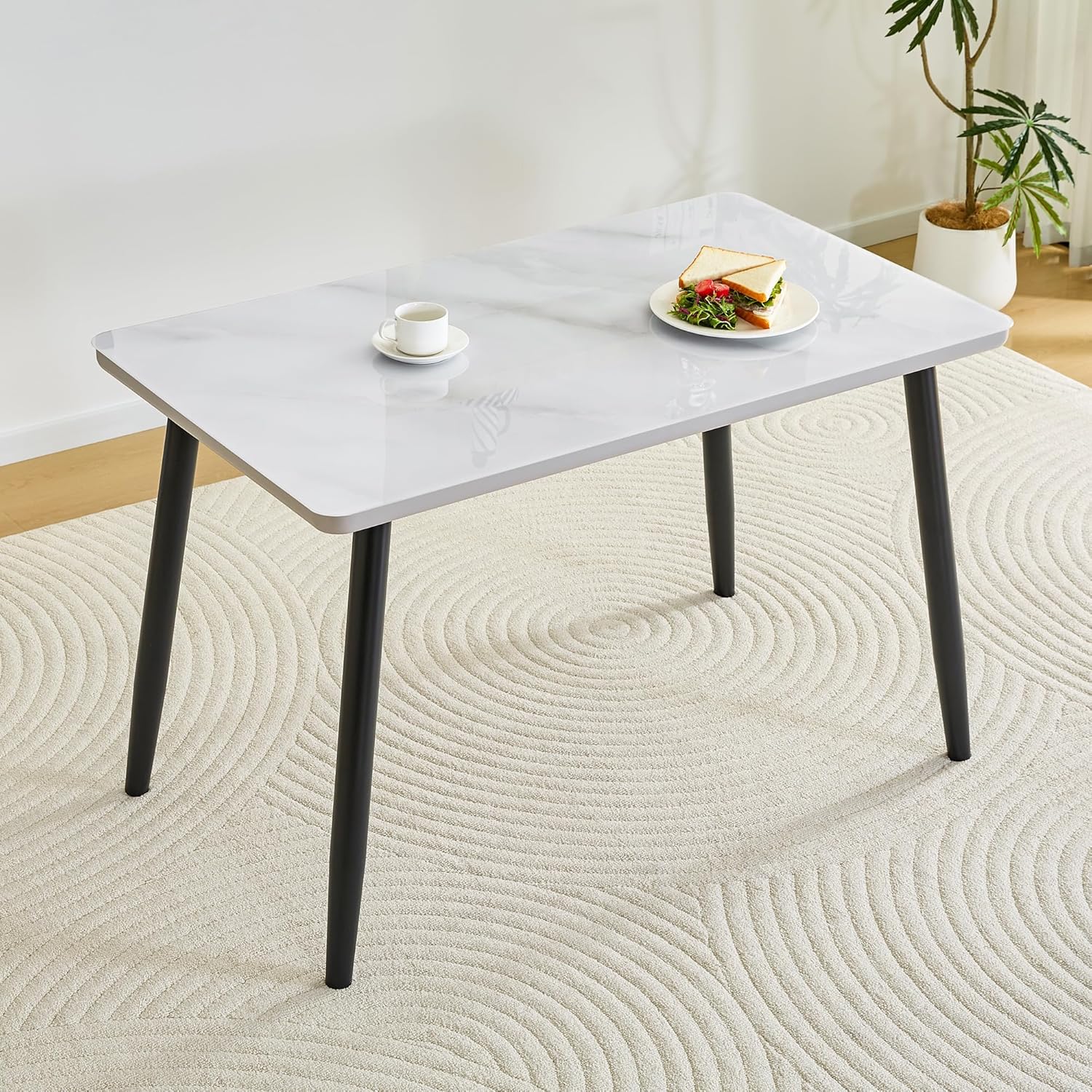 47" Marble Texture Elegant and Stylish Pizza Restaurant Dining Table, Simple and Practical Dining Room Dining Table,Mid-century Style Pizza Restaurant Tables for Small Restaurants, White+Black