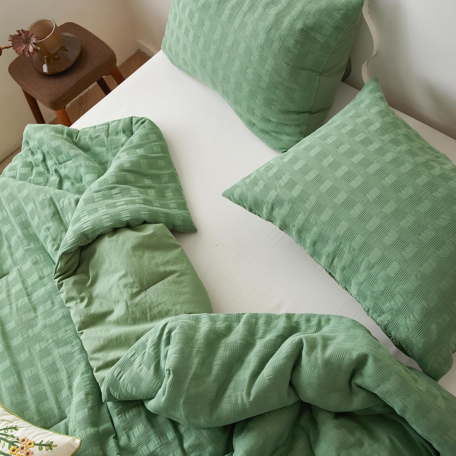 Simple&Opulence 100% Cotton Waffle Weaving Comforter Set-2 Pieces Bedding Set(1 Comforter and 1 Pillowcase), Lightweight Soft Breathable Comforter Bed Sets for All Season(Forest Green, Twin)