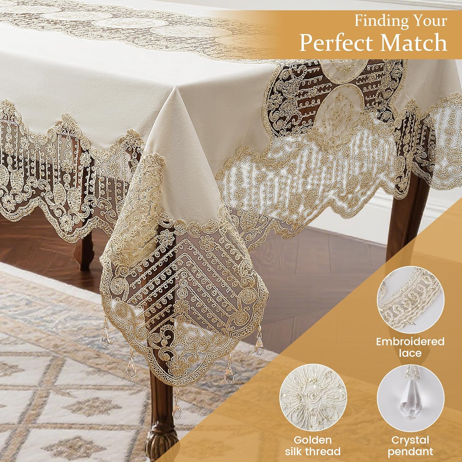 Premium Embroidery Tablecloth, White Lace & Satin Blend, Floral Boho Design, Vintage Italian Style, Sunflower & Butterfly Patterns, Farmhouse Spring Decor, (beigeFC118, 72in*126in)