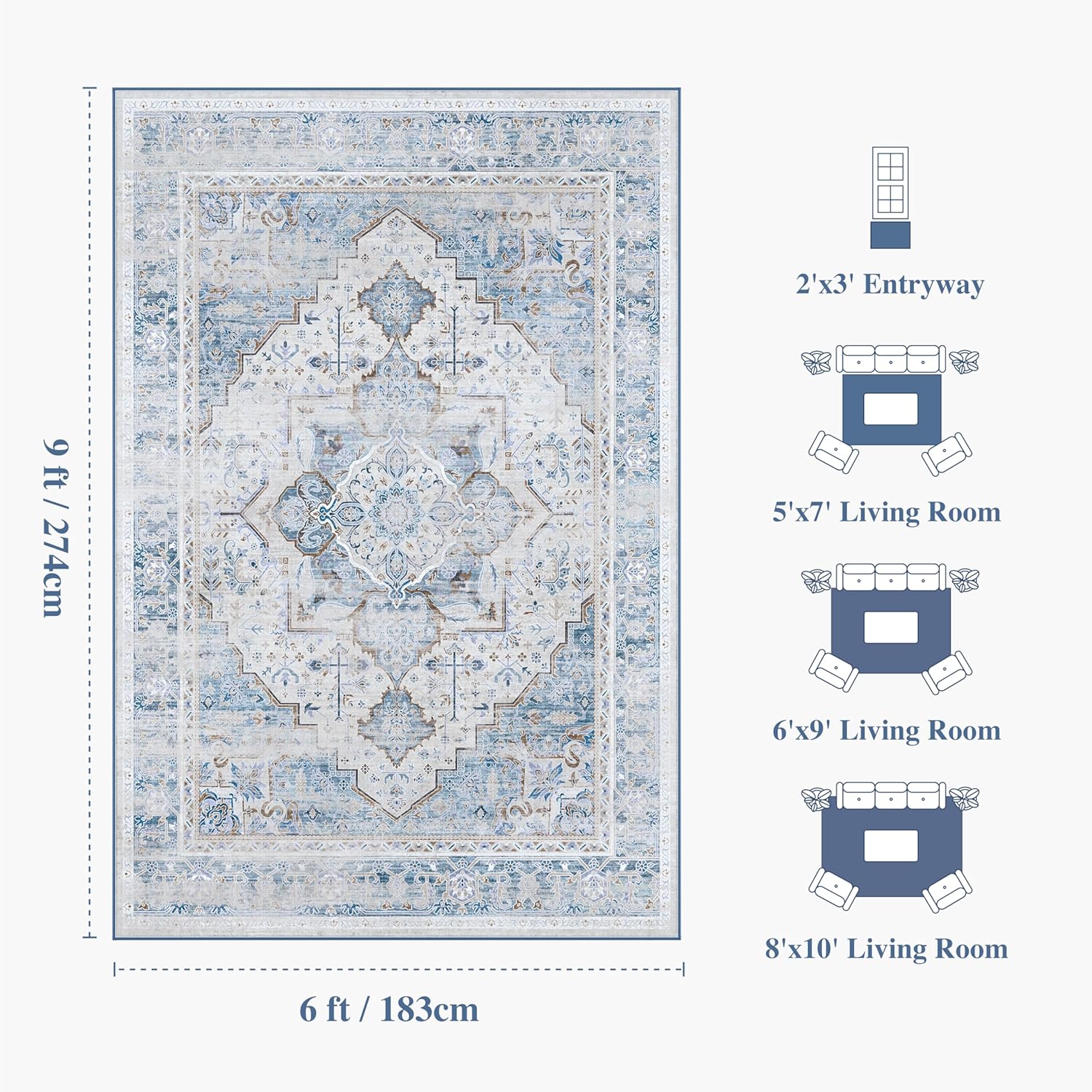 6x9 Washable Vintage Area Rug - Distressed Non-Slip Rugs Soft Large Retro Carpets for Living Room Bedroom Dining Room Office Home Decor, Blue