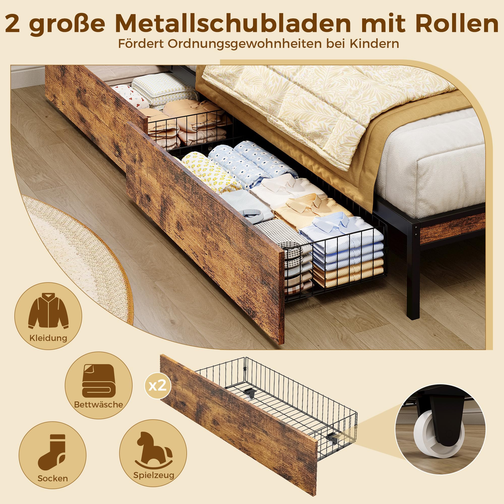 IRONCK Polsterbett Schlafsofa 90x200 mit LED, Bett mit Ladestation | Tagesbett Jugendbett mit Steckdosen, USB & USB-C, Bettgestell Gästebett mit 2 Schubladen und Lattenrost aus Metall