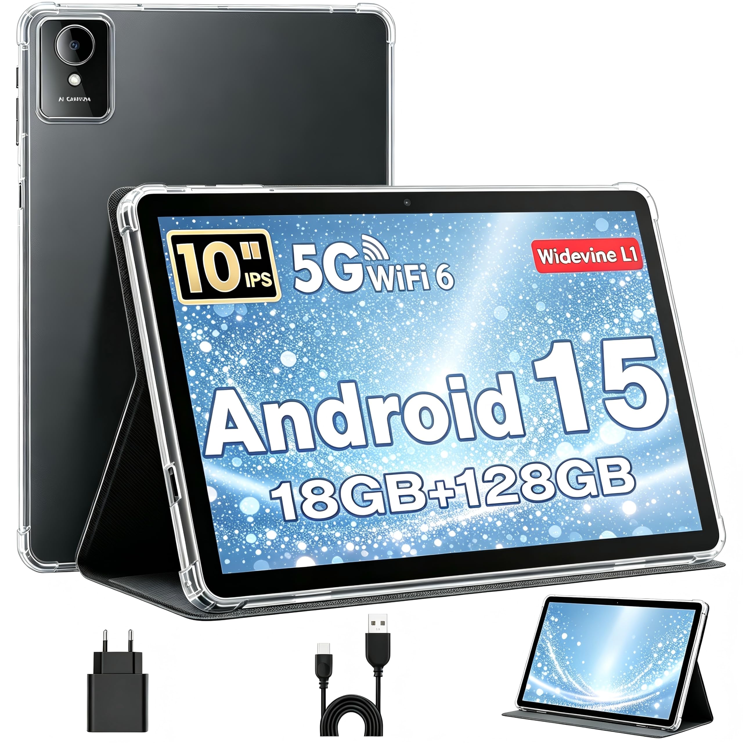 Tablet 10 Pollici, Tablet Android 15 con Cover, Unisoc T30 Quad-Core, 18 GB RAM + 128 GB ROM + 1 TB TF, Display HD IPS 1280x800, Fotocamera Doppia 5MP + 8MP, 6000 mAh, WiFi 6, BT 5.0, GPS (Nero)