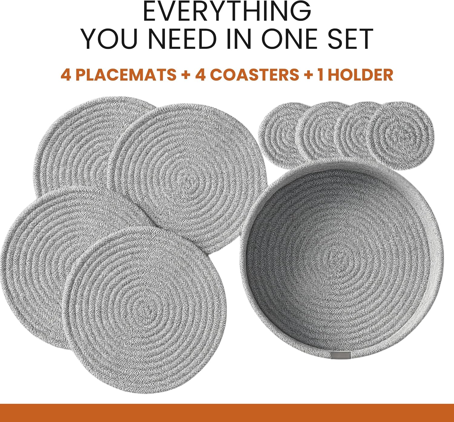 Set of 8 Gray Cotton Coasters – 4 Large 13in Cloth for Drinks + 4 Small Tea Coaster Pads with Holder – Woven Coaster Bedroom Set – Soft Kitchen Coasters and Cup mats for Daily use