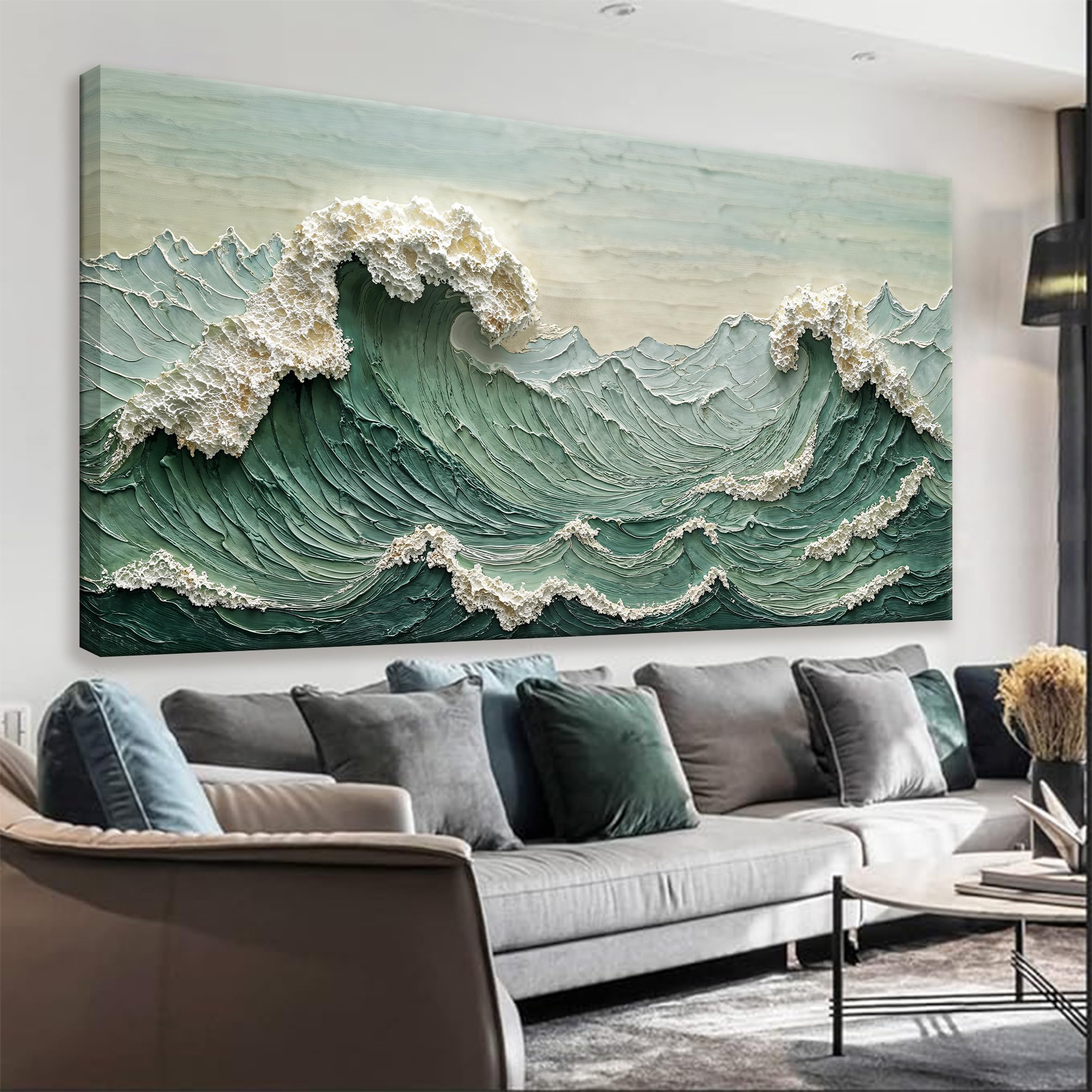 Canvas Wall Art Decor Pictures Large Sea Wave Abstract Wall Decor Print Modern Abstract Green Wall Art Painting Pictures For Living Room Home Kitchen Office Artwork 29 X 58 Inch