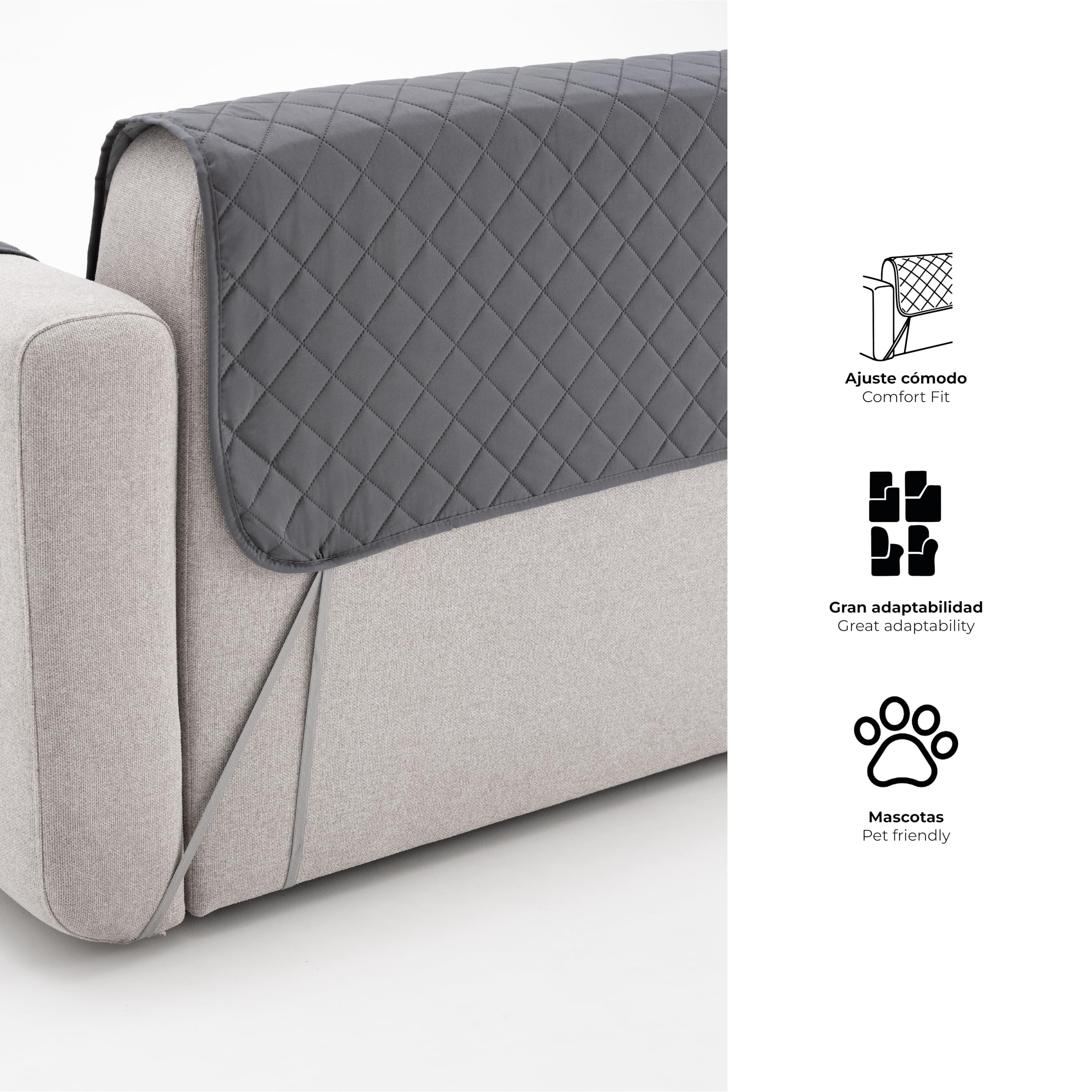 Funda Cubre Chaise Longue Acolchada Due 200 cm, Brazo Derecho, Color Gris, Protector de Sofá Universal, Tacto Suave y Resistente, Ideal para Mascotas, Fabricada en España