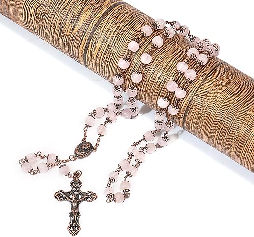 Miniatura 6 de Nazareth Store Rosario de diseño vintage con cuentas de piedra natural, collar de 0.315 in, medalla de suelo santo y cruz crucifijo rosarios