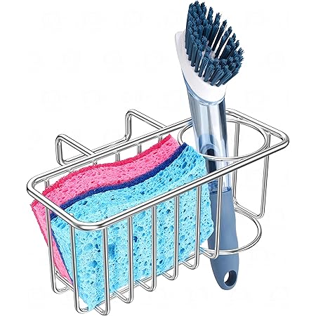 Kitchen Sponge Holder - Sink Brush Caddy Soap Dishwashing Liquid Drainer Rack, SUS304 Stainless Steel - Silver