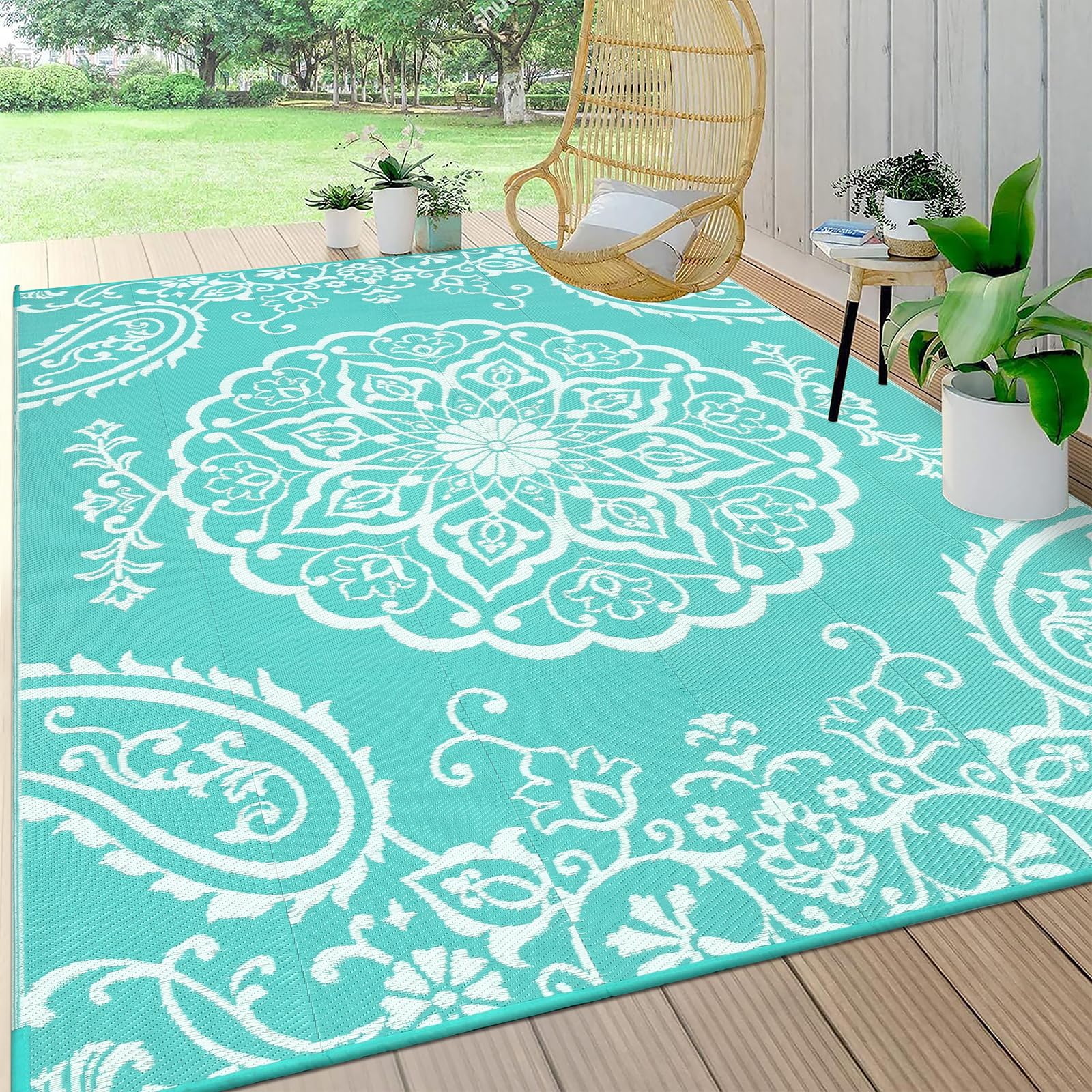 Pauwer Waterproof Outdoor Rug 8x10, Reversible Plastic Straw Patio Camping Rug, Indoor Outdoor RV Mat Carpet for Deck, Camper, Porch, Balcony, Backyard, Picnic, Boho Light Blue