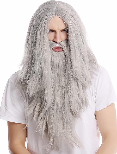 WIG ME UP - PW0210-ZA68E Wig & Beard Halloween carnival long smooth gray grey Wizard sorcerer Prophet Old Biker