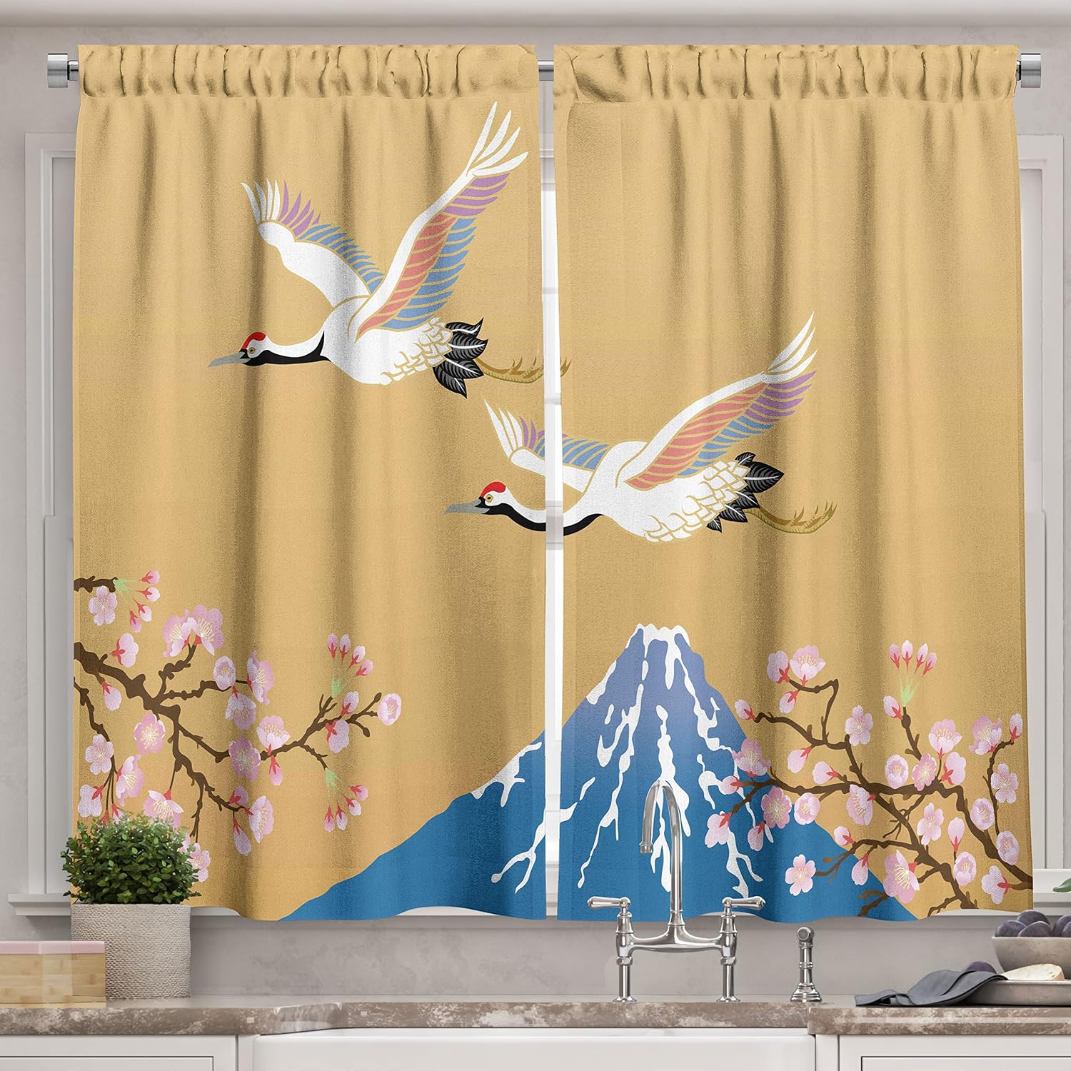 Ambesonne Asian Kitchen Curtains, Japanese Crane Flying Hill Mountain and Cherry Blossoms Design, Window Drapes 2 Panel Set for Kitchen Cafe Decor, 55" X 39", Blue Mustard