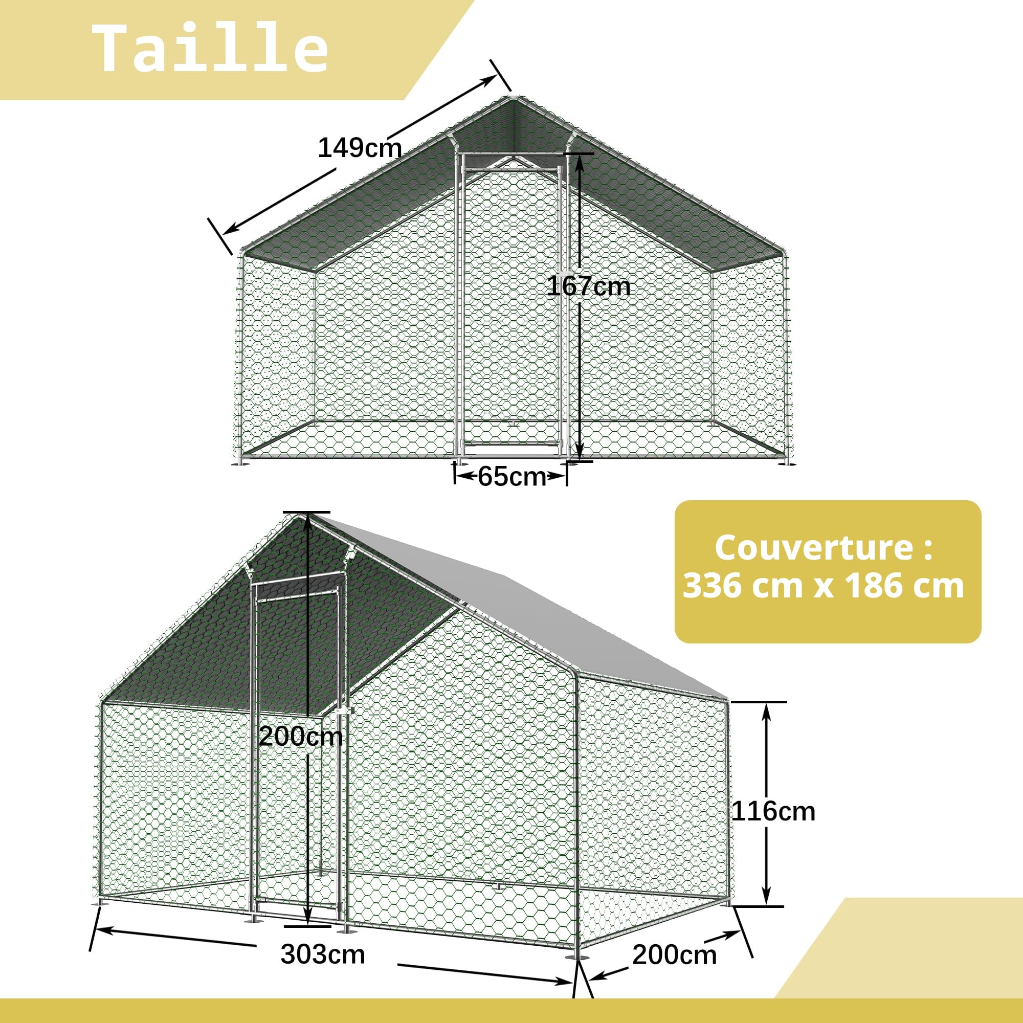 Redkid Enclos en métal de 6 m² - 3 x 2 x 2 m - avec Tissu PE imperméable et Serrure de sécurité - Grand enclos pour Poules, Lapins et Divers Petits Animaux (3 x 2 x 2 m)