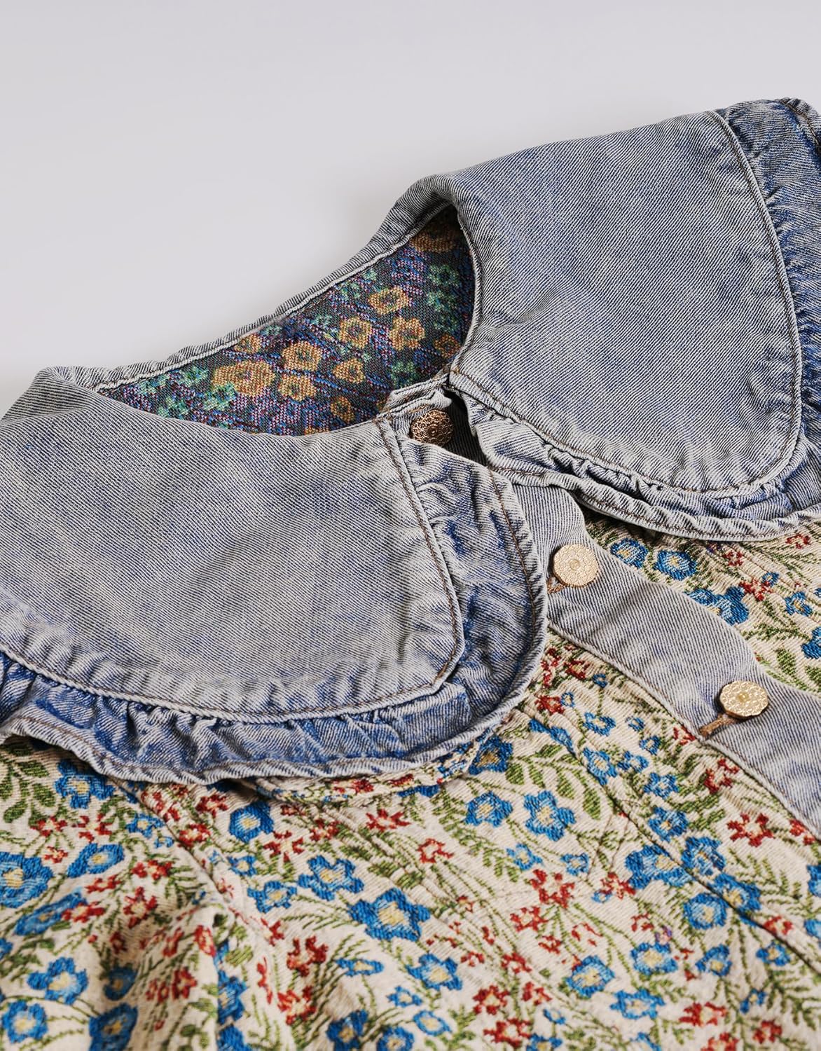 Kedera Women's Jacquard Denim Jacket Long Sleeve Peter Pan Collar Floral Crop Jean Jackets Button Down Denim Shacket - Image 4