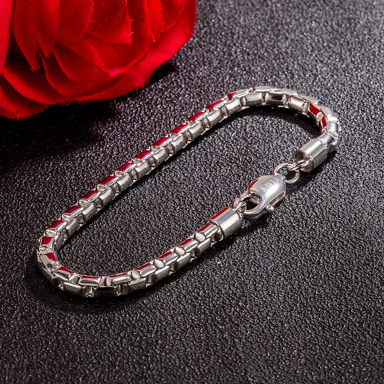 Dankadi Bracciale a maglia veneziana fine 3 mm 5 mm in 925 argento, catena a forma di scatola quadrata rotonda, chiusura morbida Rolo fine design italiano da 6,3" a 9" regalo di gioielli per uomo