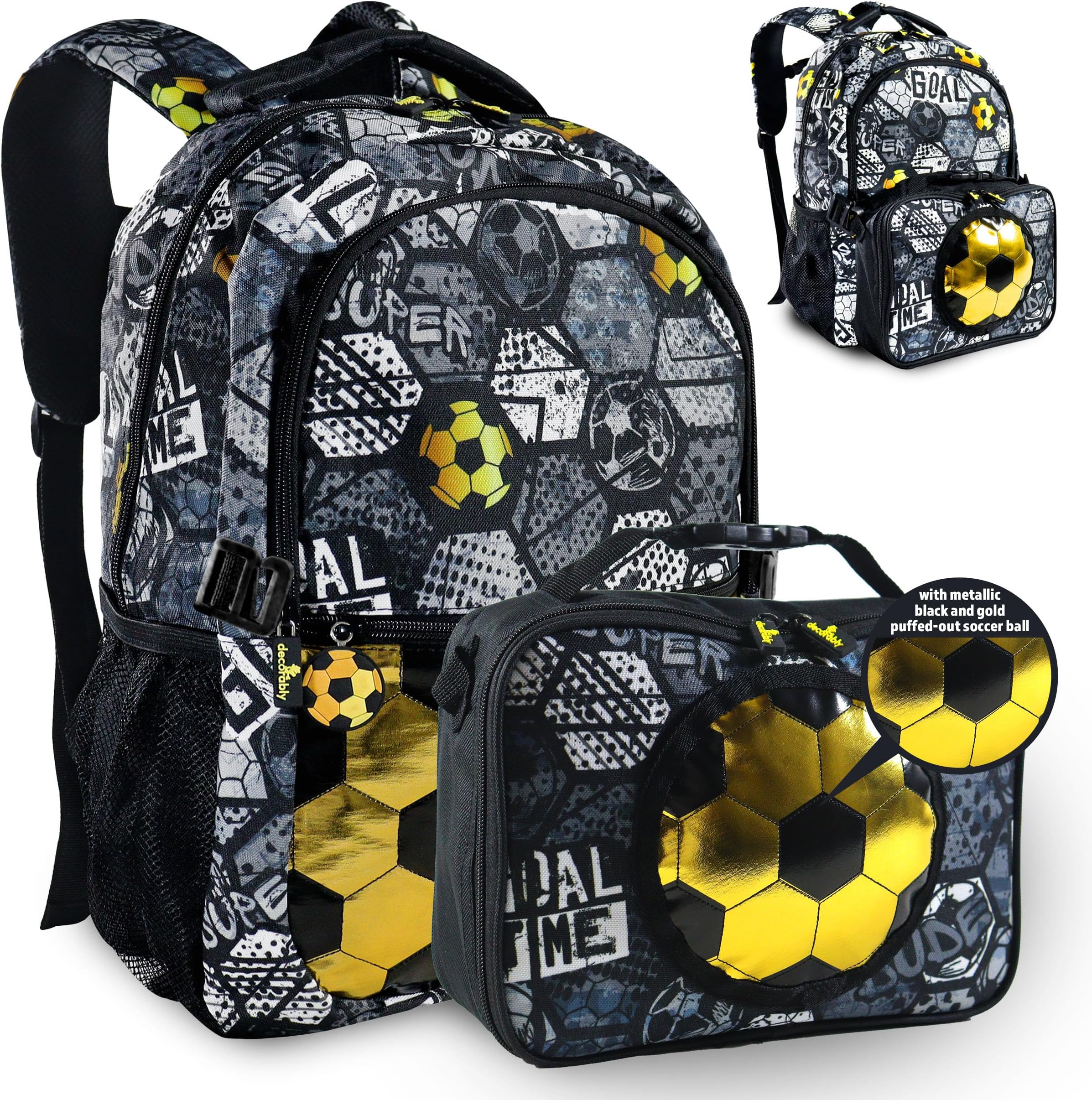 Decorably 2pc Set Soccer School Backpack for Boys with Lunch Bag with Metallic Black and Gold Design, Multi-Compartment, Water-Resistant - Back to School Gift for Kids, Toddler, Preschool, Elementary