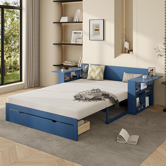 Full Size Daybed with Removable Desk - Storage Drawers & Hydraulic Side Table, Blue