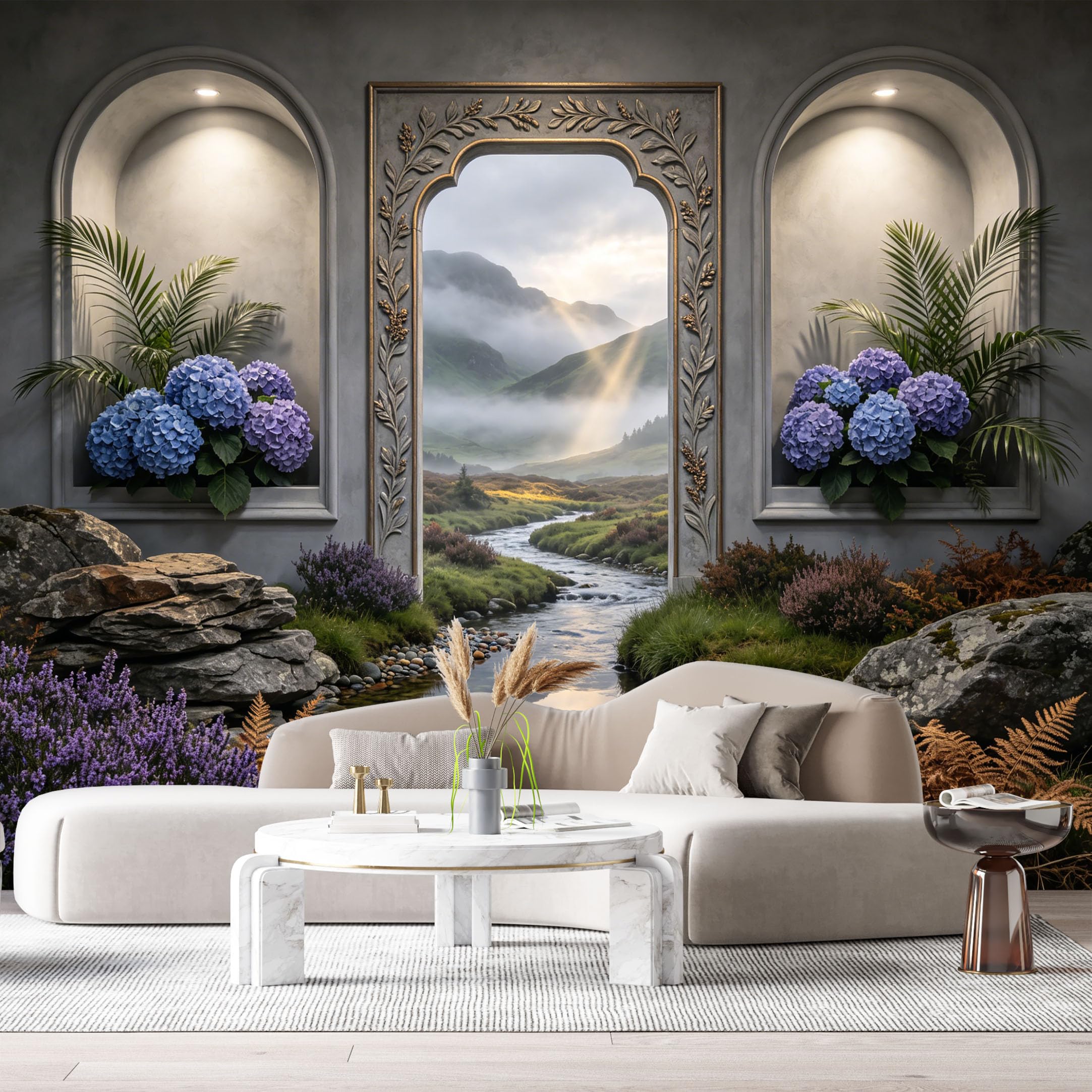 Custom Size Wall Murals Arch Window Botanical Mountain Lake 3D Trompe L'Oeil SelfAdhesive Wall Fabric Removable Large Wallpaper for Photo Living Room
