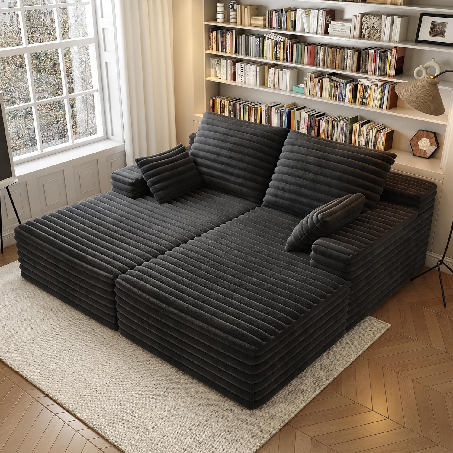 80" Oversized Double Chaise Lounge Chair, Plush Upholstered Sectional Sofa Bed, Deep Seat Sleeper Couch with Pillows, Modern Memory Foam Loveseat for Living Room ，Bedroom, No Assembly Required，Black