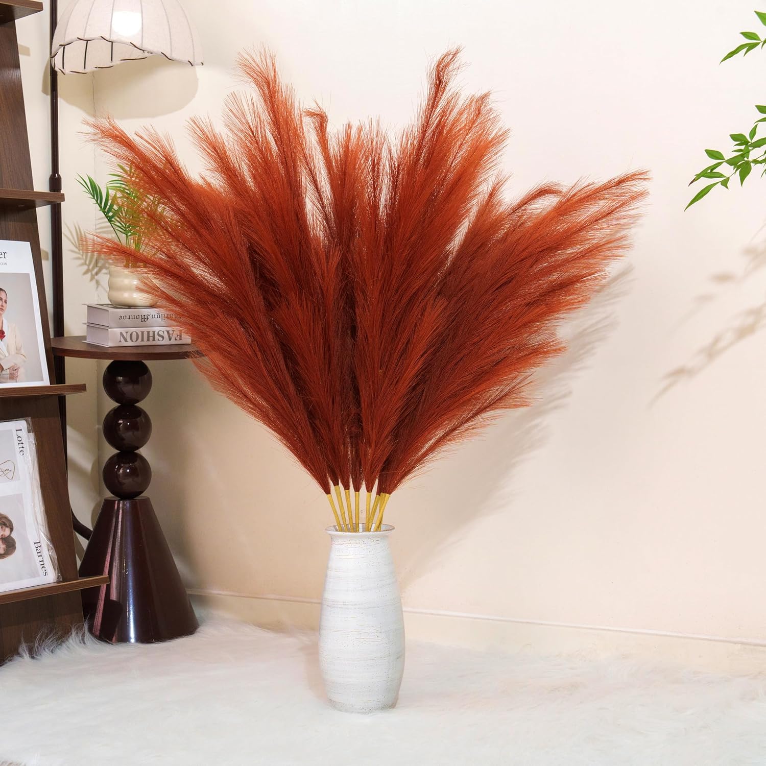 Premium Pampas Grass, Faux Burnt Orange Pampas Grass – 8pcs 43.3″ 110cm Tall Fluffy Pampa Decor, No Assembly 18-Branch One-Piece Stems, Luxury Feather Flowers for Boho Wedding Home Floral Decorations