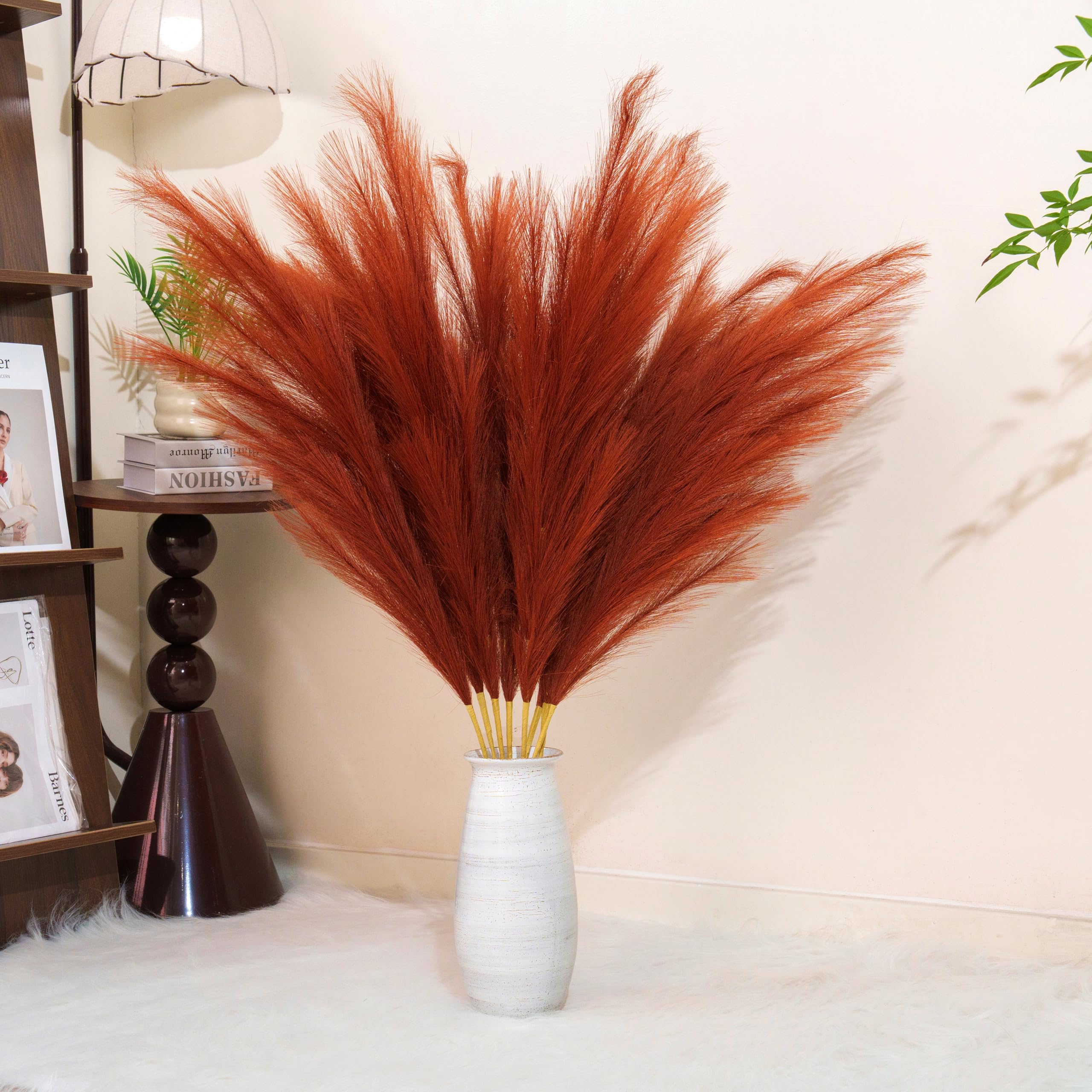 Erba della pampa in finto caramello marrone, decorazione alta, 8 pezzi, 110 cm, grandi pompon floreali, soffici fiori artificiali con piume lunghe, per matrimoni, camera da letto e soggiorno