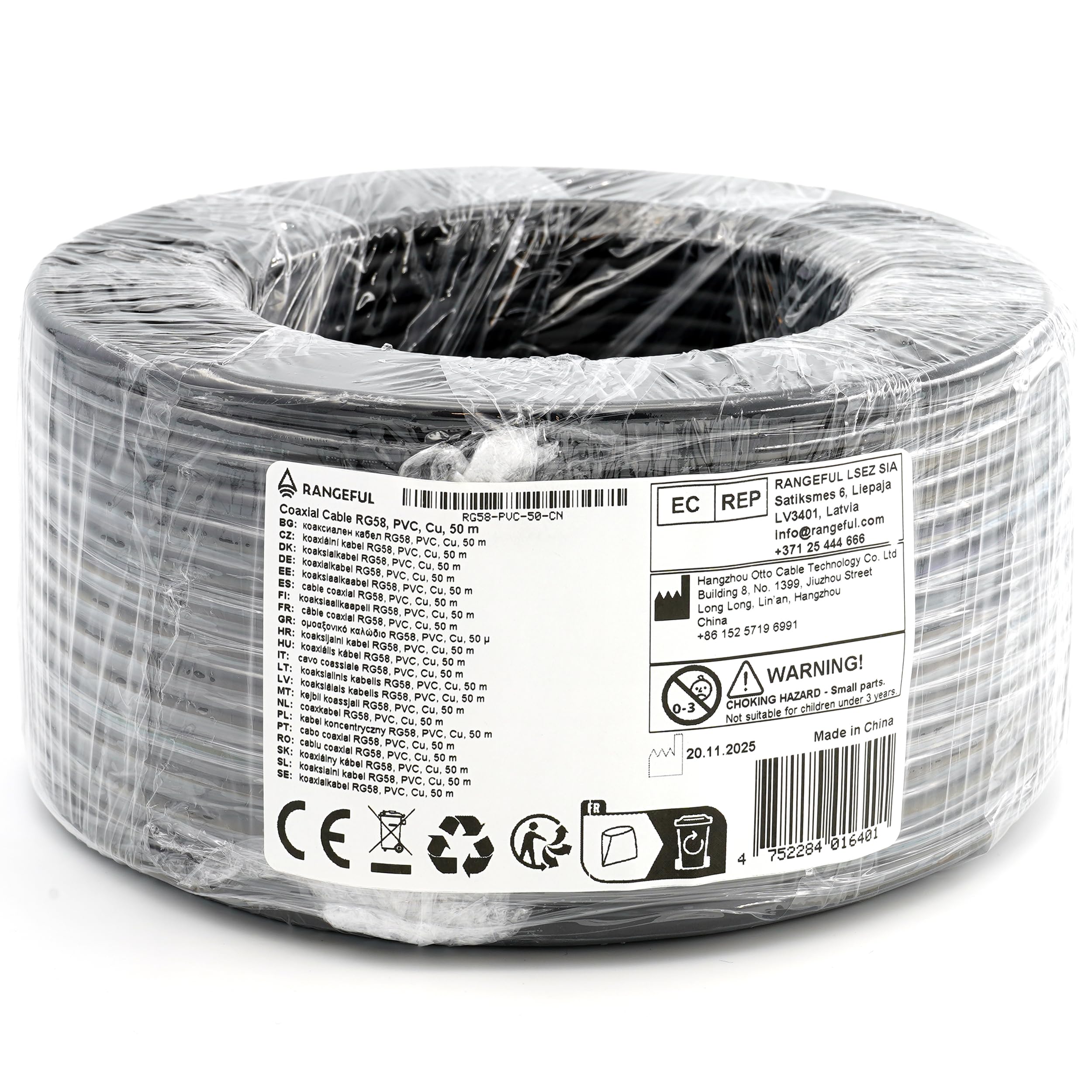 Cable coaxial RG58 CU 50m — Cable coaxial flexible de 50 ohmios totalmente de cobre — Compatible con conectores tipo N, SMA, BNC, TNC, PL259, FME — Para VHF, UHF, radio CB, antenas de router, 4G, 5G