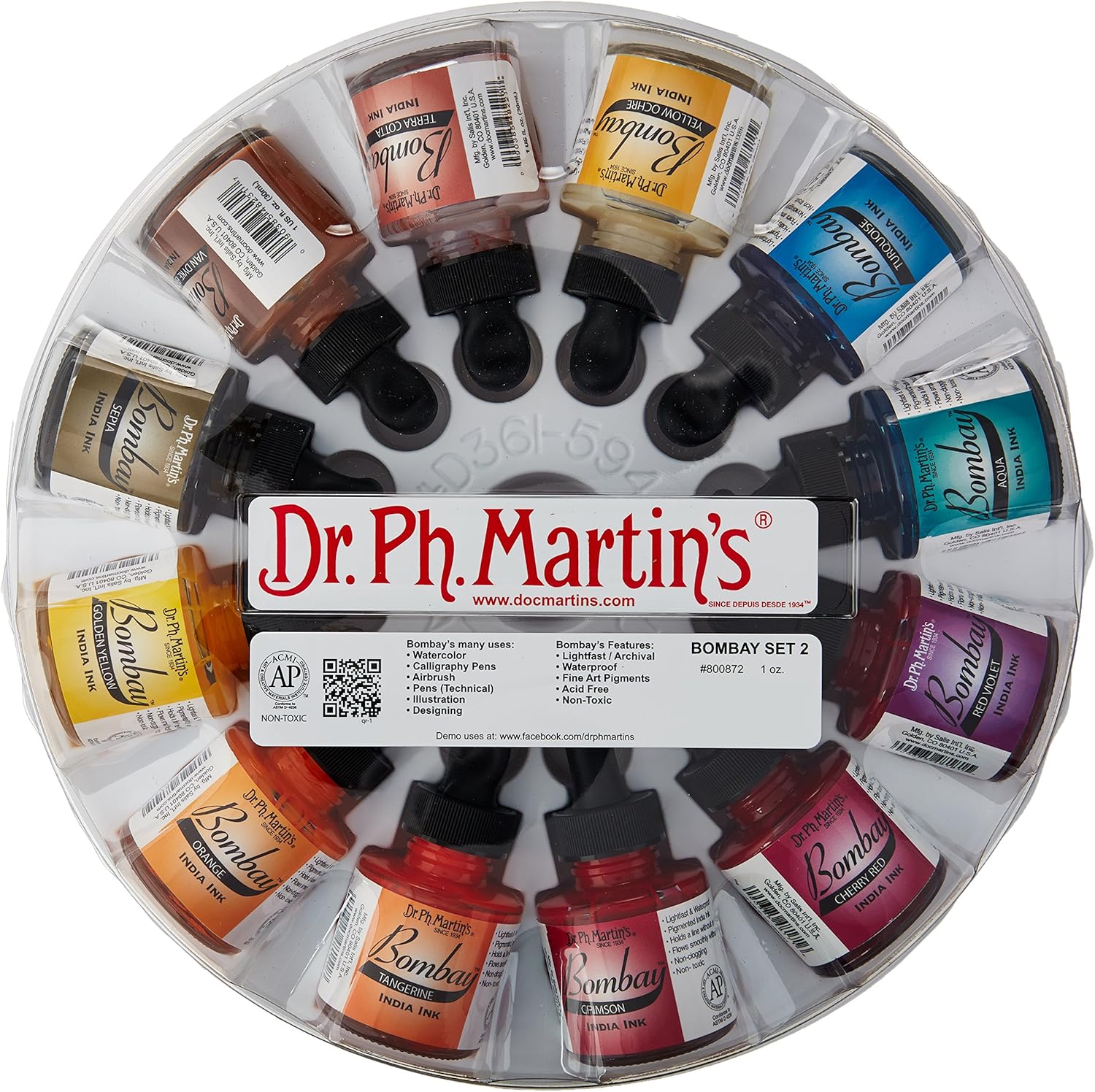 Dr. Ph. Martin's Bombay India Ink (Set 2) Ink Set, 1.0 oz, Set 2 Colors, 1 Set of 12 Bottles.