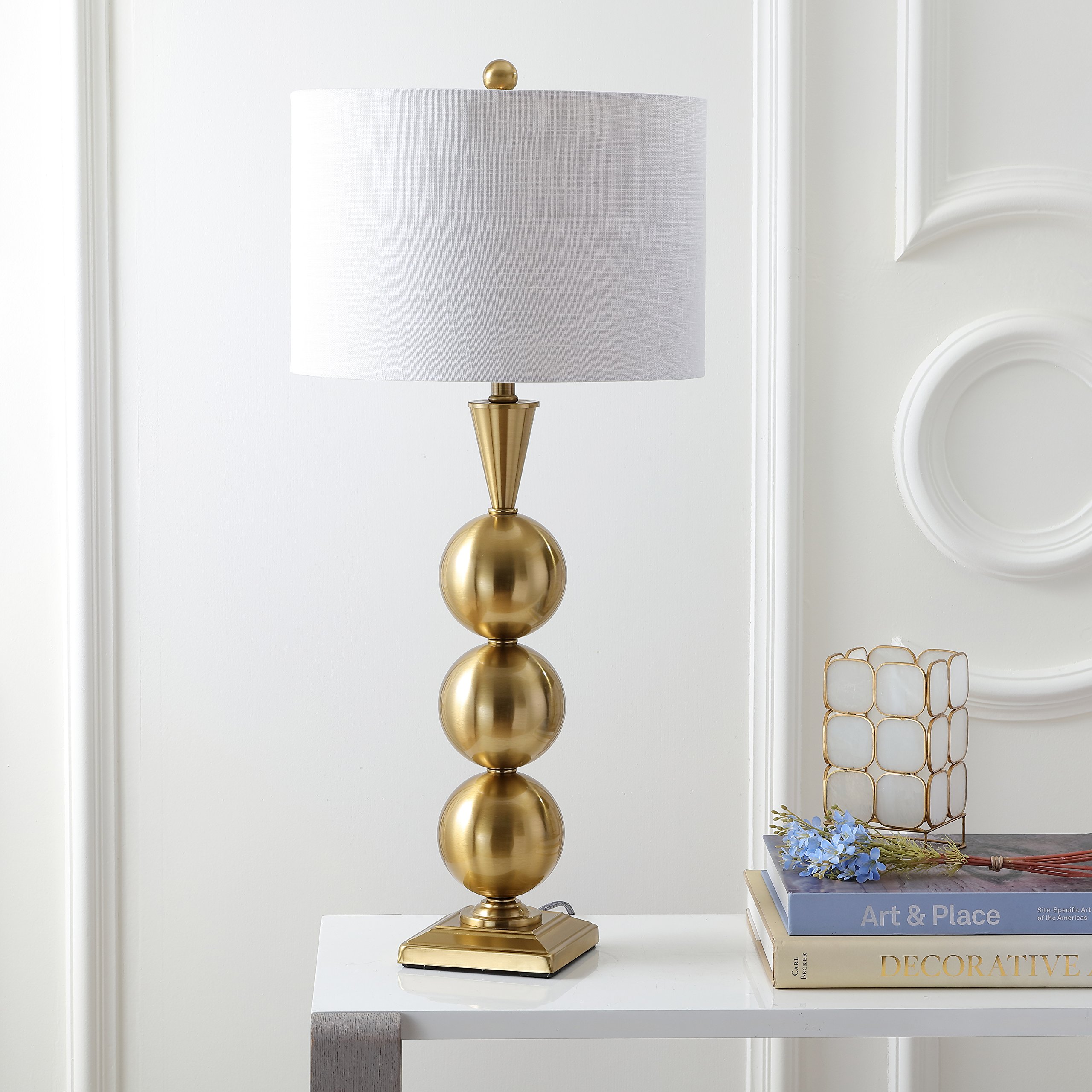 JONATHAN Y JYL3021A Mackenzie - Lampada da tavolo a LED in metallo da 83,8 cm, stile contemporaneo, per camera da letto, soggiorno, ufficio, libreria, lampadina LED inclusa, ottone dorato