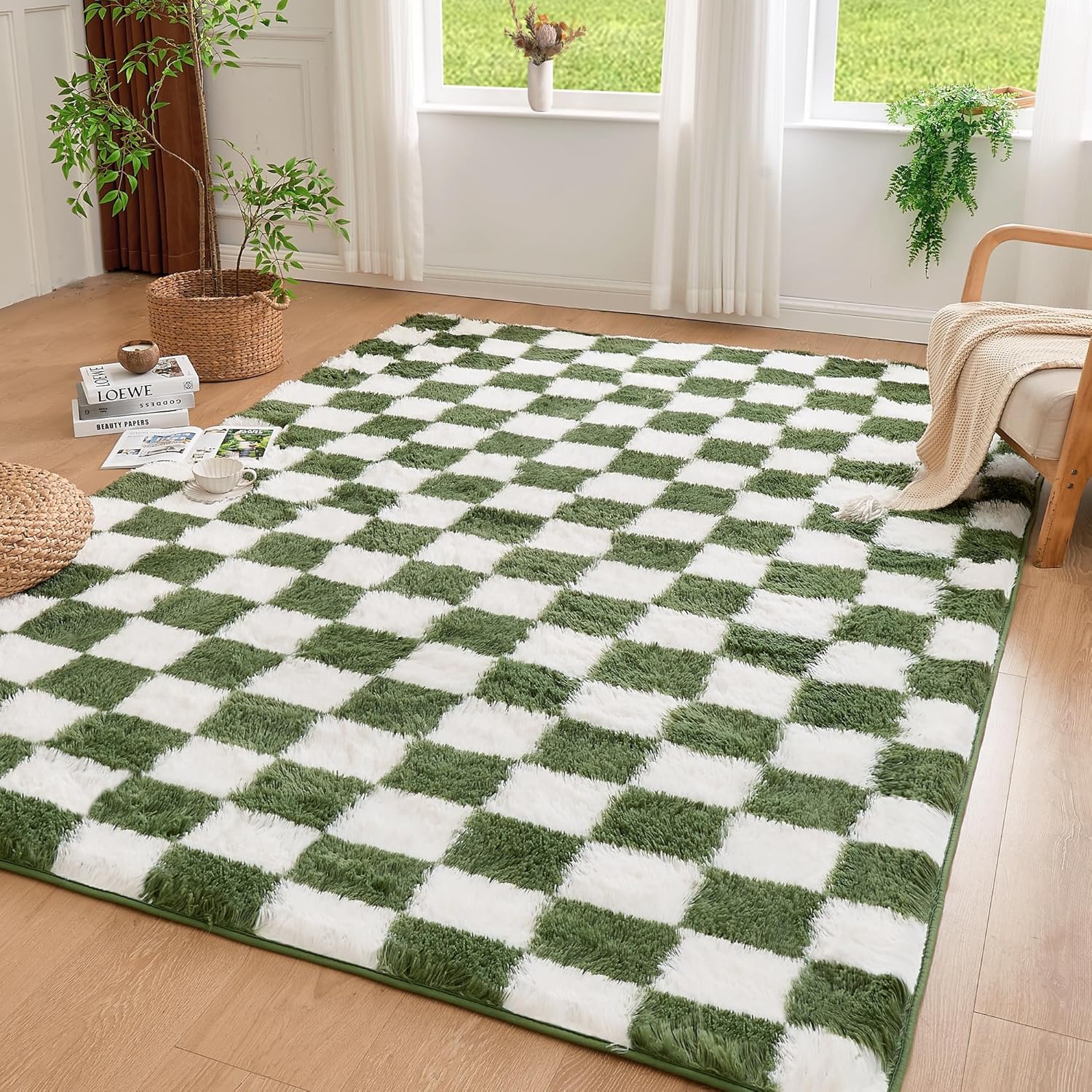 Andency 3x5 Ft Green and White Area Rug for Living Room Classic Checkered Shaggy Rug Non-Slip High Pile Soft Fluffy Rug Fuzzy Carpet Bedroom Kids Toddler Room Nursery Playroom, Cute Dorm Home Decor