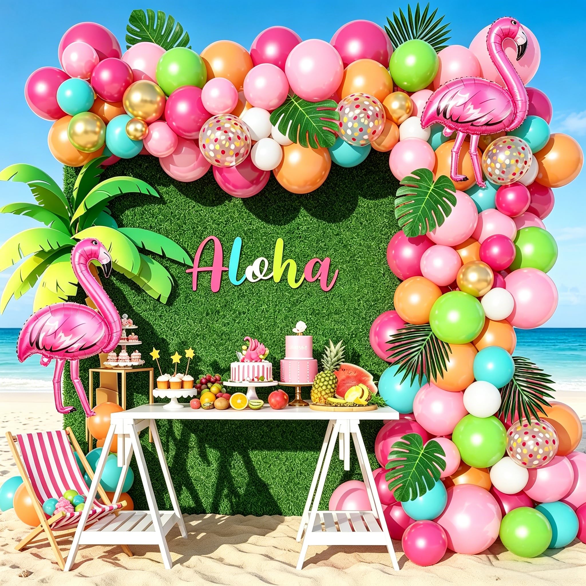 Photo 1 of 136Pcs Tropical Balloon Arch Garland Kit, Flamingo Luau Balloons of Hot Pink Rose Gold Fruit Green Blue & Palm Leaves for Tropical Party Decorations Hawaiian Aloha Birthday Wedding Decor