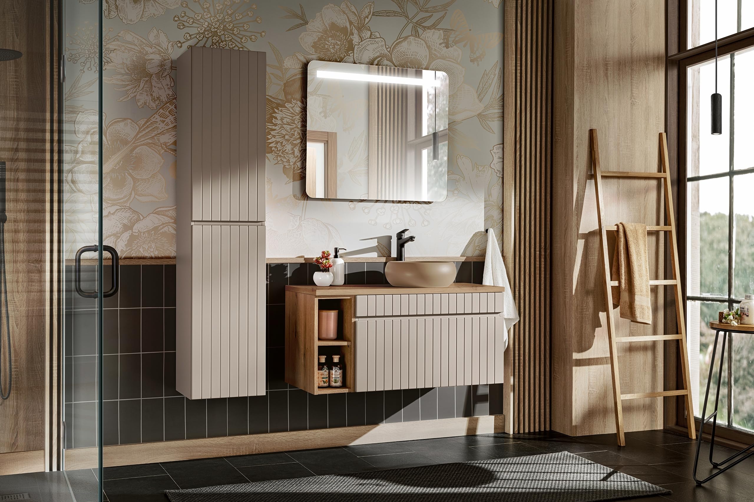 Armadietto da bagno a parete con lavabo da appoggio e 2 cassetti, in cashmere, 140 cm