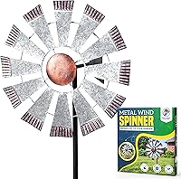 Bellovira 50" Garden Wind Spinner with 13" Windmill Wheel, Low Friction Bearings, Weathered Galvanized Metal - Yard Stake Decor