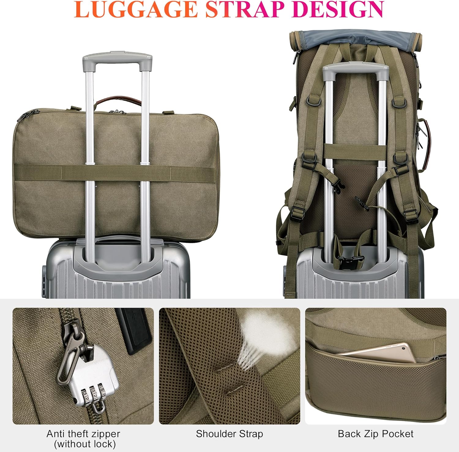 WITZMAN Travel Backpack for Men 40L Large Carry-on Airline Approved Convertible 3 in 1 laptop Bags Fit 17 inch(A8013 Army Green) - Image 5