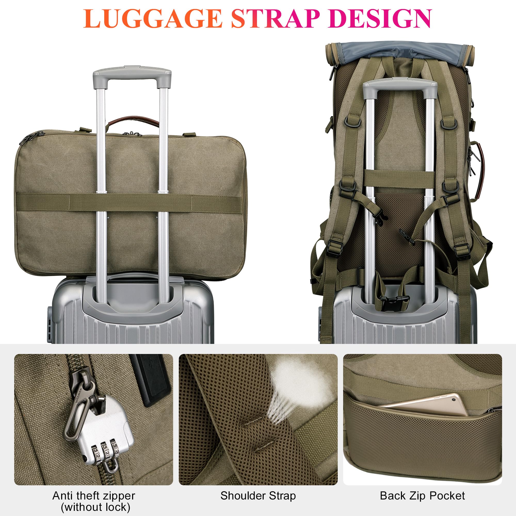 WITZMAN Canvas Reiserucksack Herren 40L Vintage 3-in-1 mit Laptopfach | USB-Anschluss, mehrere Fächer und flexible Tragemöglichkeiten, ideal für Reisen, Arbeit und Kurztrips, A8013 Armeegrün