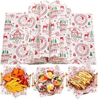 Tenceur 150 Pcs Christmas Wax Paper Sheets Parchment Deli Wraps Tissue Paper Baking Cookies Sandwich Decorative Wax Sheets Food Basket Liner Greaseproof Supplies (Red Santa Claus)