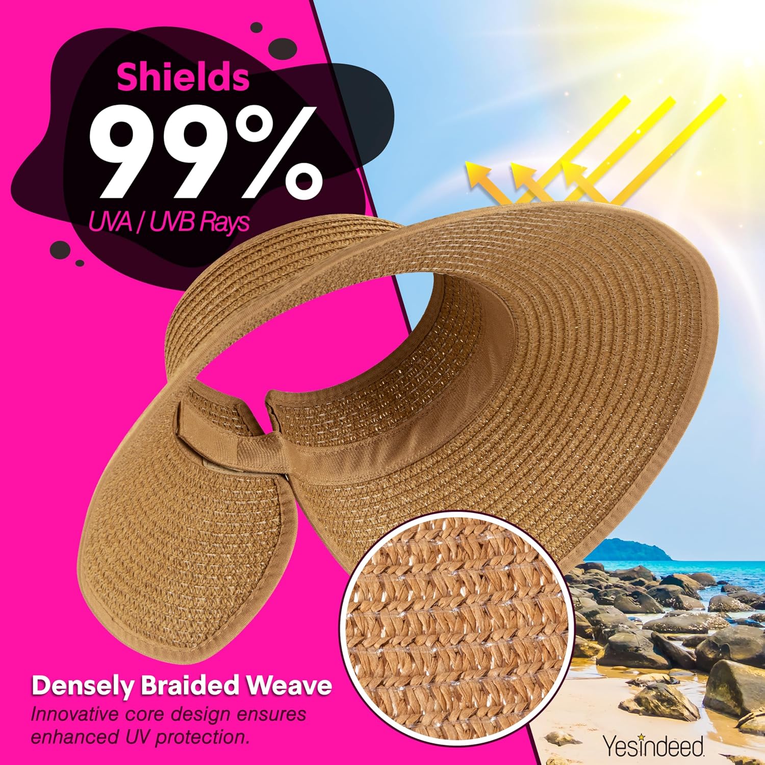 Women’s Sun Visor - UPF 50+ Protection, Wide Brim, Adjustable, Ponytail-Friendly, Packable - Ideal for Travel & Beach image 2