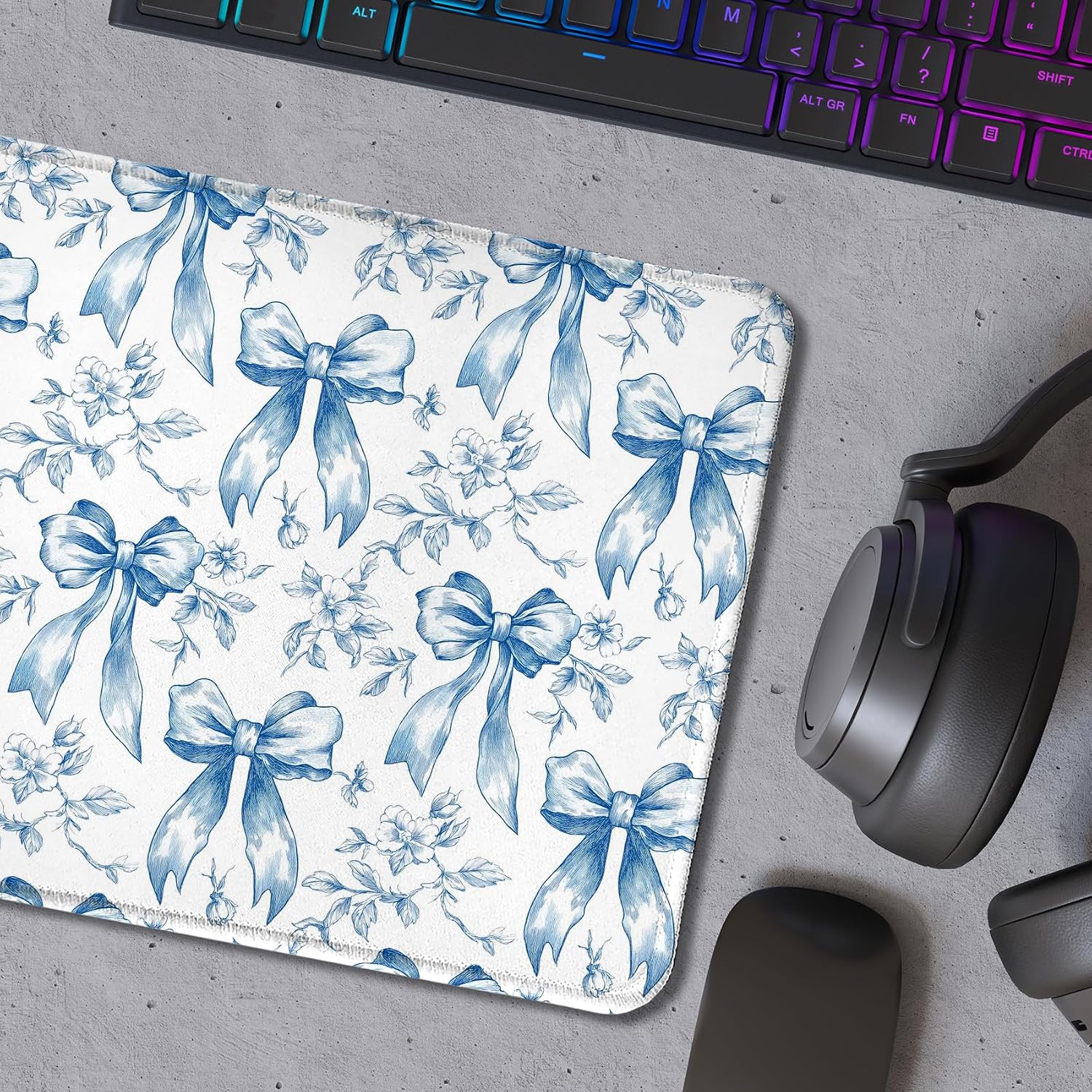 Coquette Blue Bow Floral Mouse Pad, Preppy Girly Blue Bow Flower Aesthetic Mouse Pads for Wireless Mouse Computers Laptop Desk Accessories, Preppy Girly Office Supplies, 9.5x7.9 Inch image 5