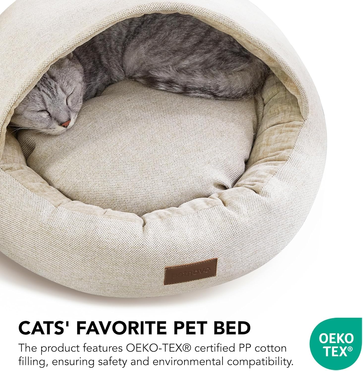 review Hooded Round Cat Bed, Faux Linen Cat Cave Beds for Small Pets, Anti-Slip Sofa Dog Beds with Removable Pillow 20x20x14 Inch Light Khaki